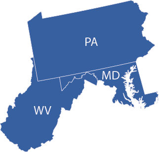 Map of Pennsylvania, West Virginia, and Maryland. Tri State Area